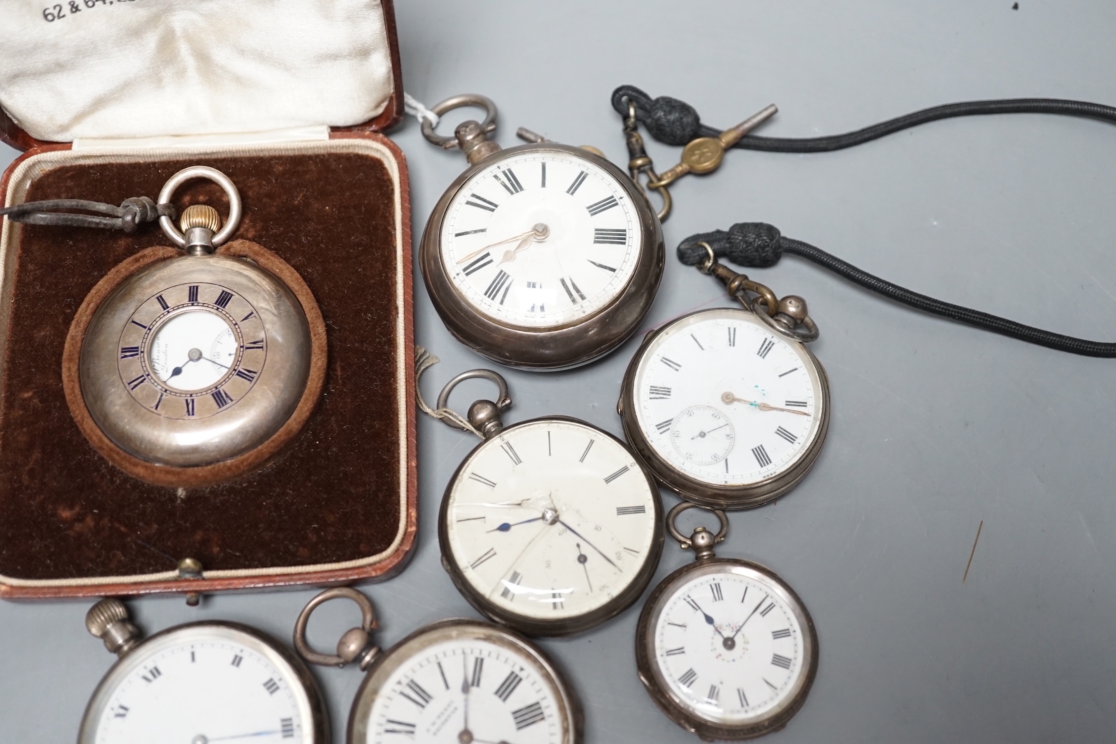 A Victorian silver pair cased pocket watch by Reeve & Son, Capel and six other assorted silver or white metal pocket watches including cased silver J.W. Benson.